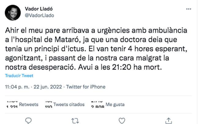 El tuit del presentador Vador Lladó sobre el Hospital de Mataró / CG
