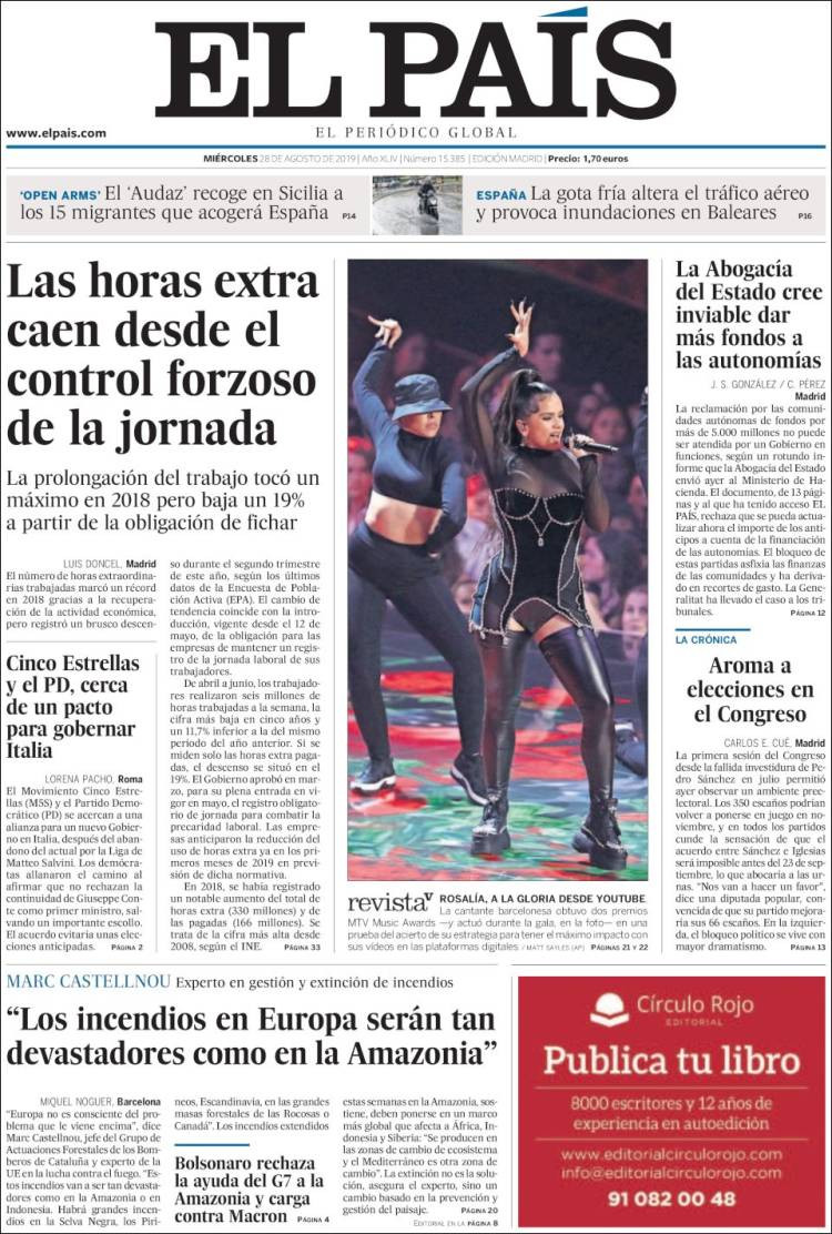Portada de 'El País' del 28 de agosto de 2019