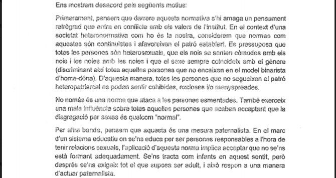 Fragmento de la carta de protesta de los alumnos del instituto Jaume Balmes / CG