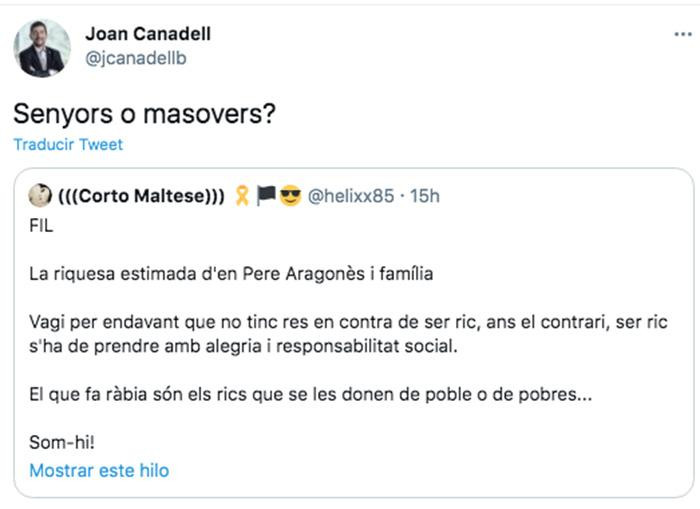 Tuit de Joan Canadell sobre la familia de Pere Aragonès