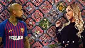 Arturo Vidal y María Teresa Matus sobre una imagen aérea de Barcelona / FOTOMONTAJE DE CULEMANÍA