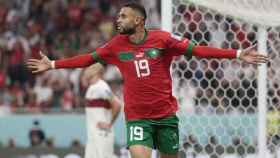 En Nesyri, delantero de Marruecos, celebra su gol a Portugal / EFE