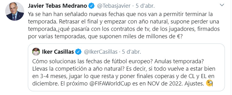 Respuesta de Javier Tebas a Casillas / Twitter