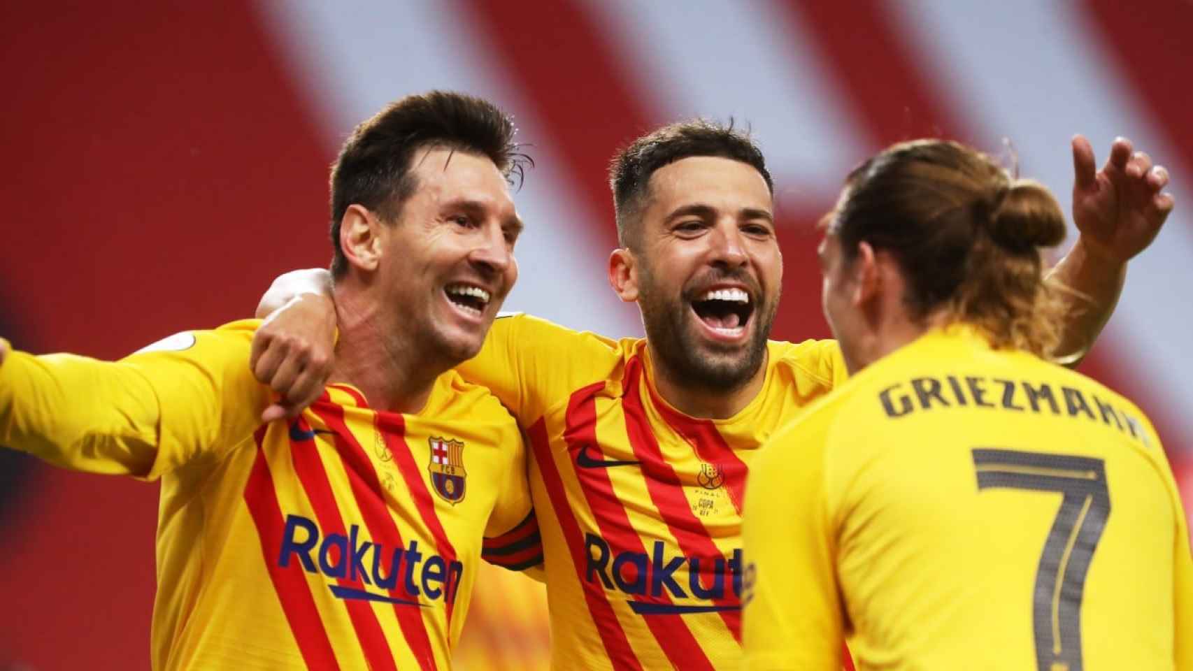 Griezmann y Jordi Alba, celebrando un gol con Leo Messi ante el Athletic / FCB