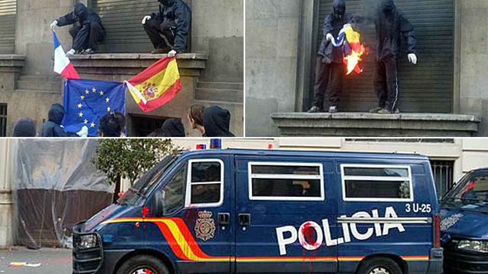 Queman banderas de España y lanzan pintura a la Policía Nacional en la marcha 'alternativa' del 1 de mayo en Barcelona