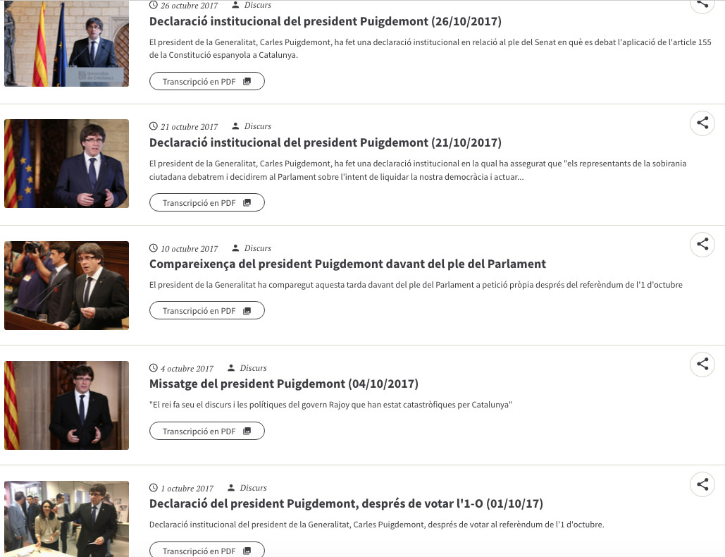 Varios de los discursos de Puigdemont de septiembre y octubre de 2017 en la web de la Generalitat
