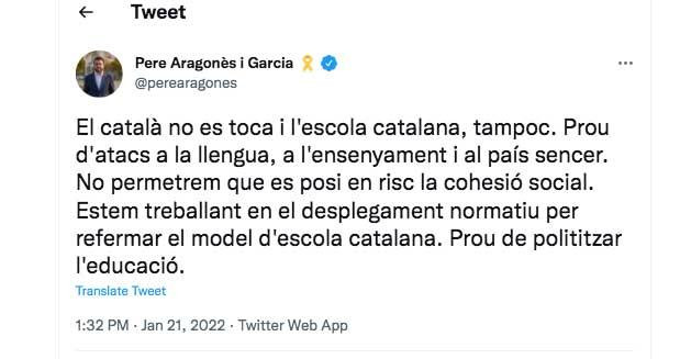Tweet del 'president' de la Generalitat, Pere Aragonès / TWITTER