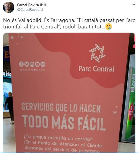 Tuit de Carod Rovira criticando el uso del castellano en un centro comercial de Tarragona / TWITTER