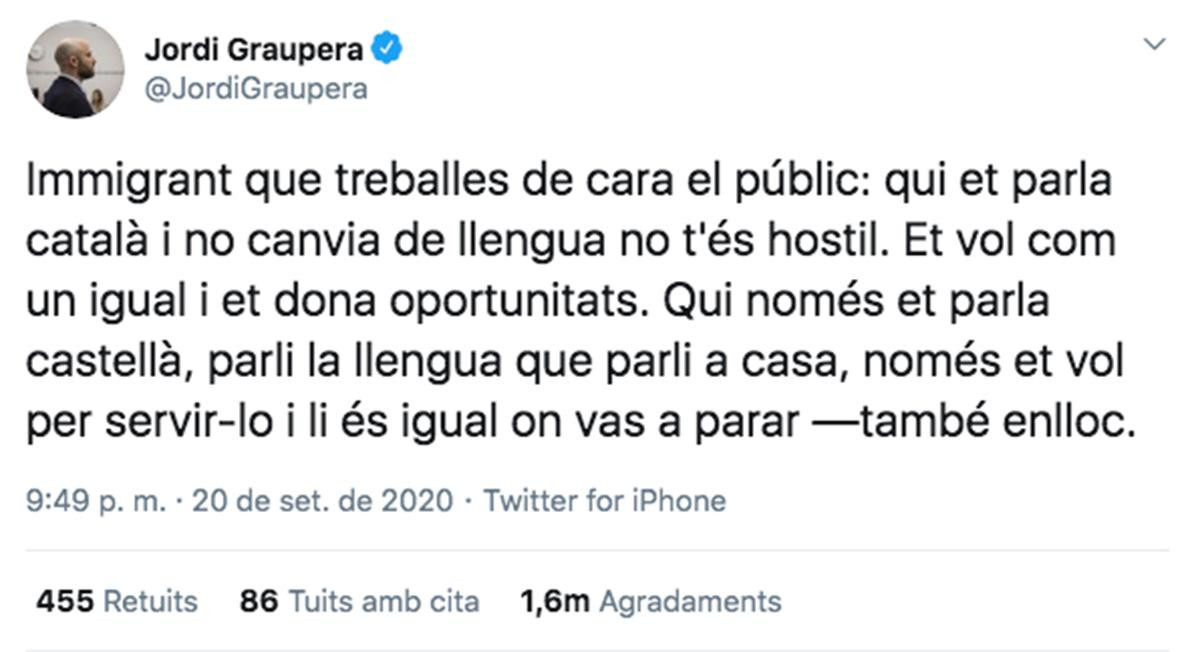 El polémico tuit de Jordi Graupera sobre el catalán y el castellano