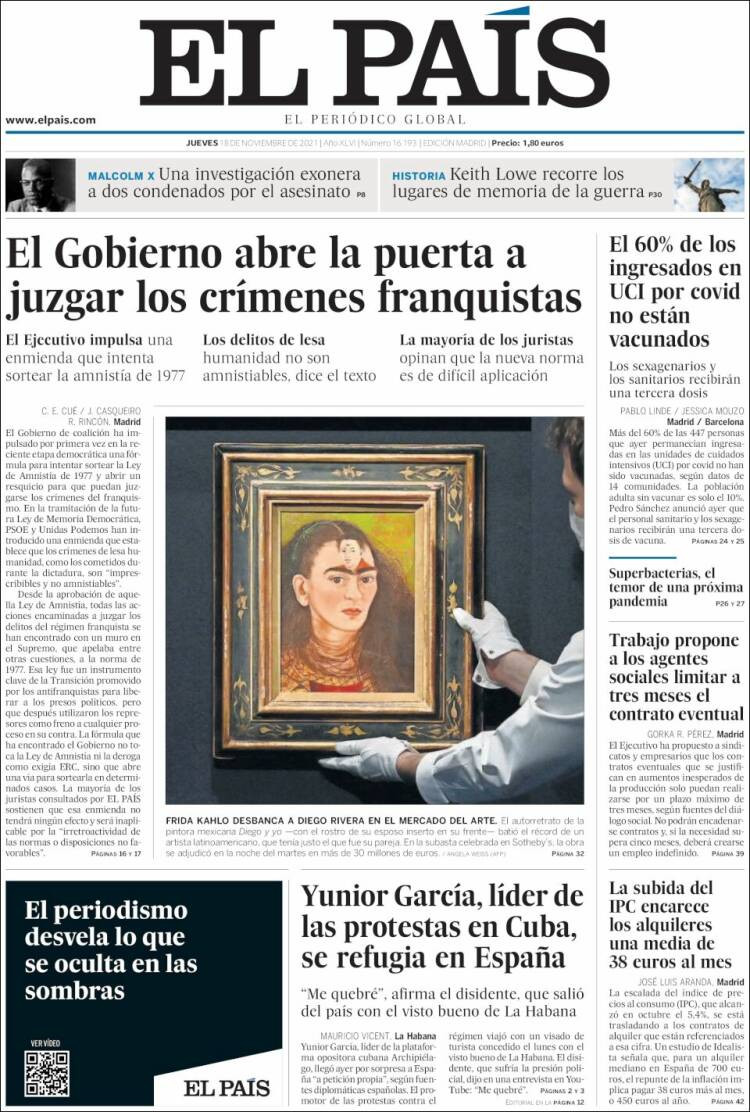 Portada de 'El País' del 18 de noviembre de 2021 / ELKIOSKO.NET