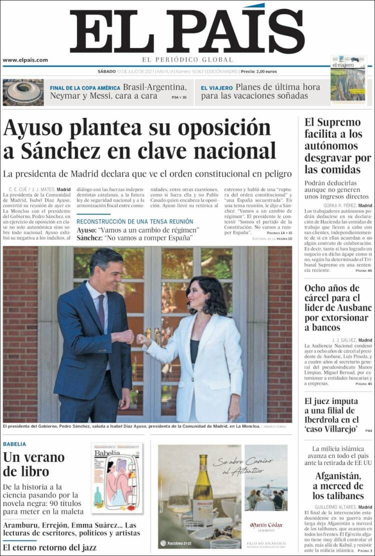 Portada de 'El País' del 10 de julio de 2021 / KIOSKO.NET
