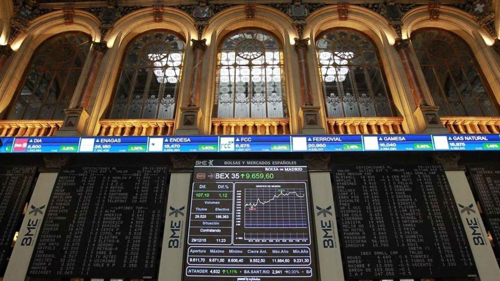 Interior de la Bolsa de Madrid, con la pantalla del Ibex 35 / EP