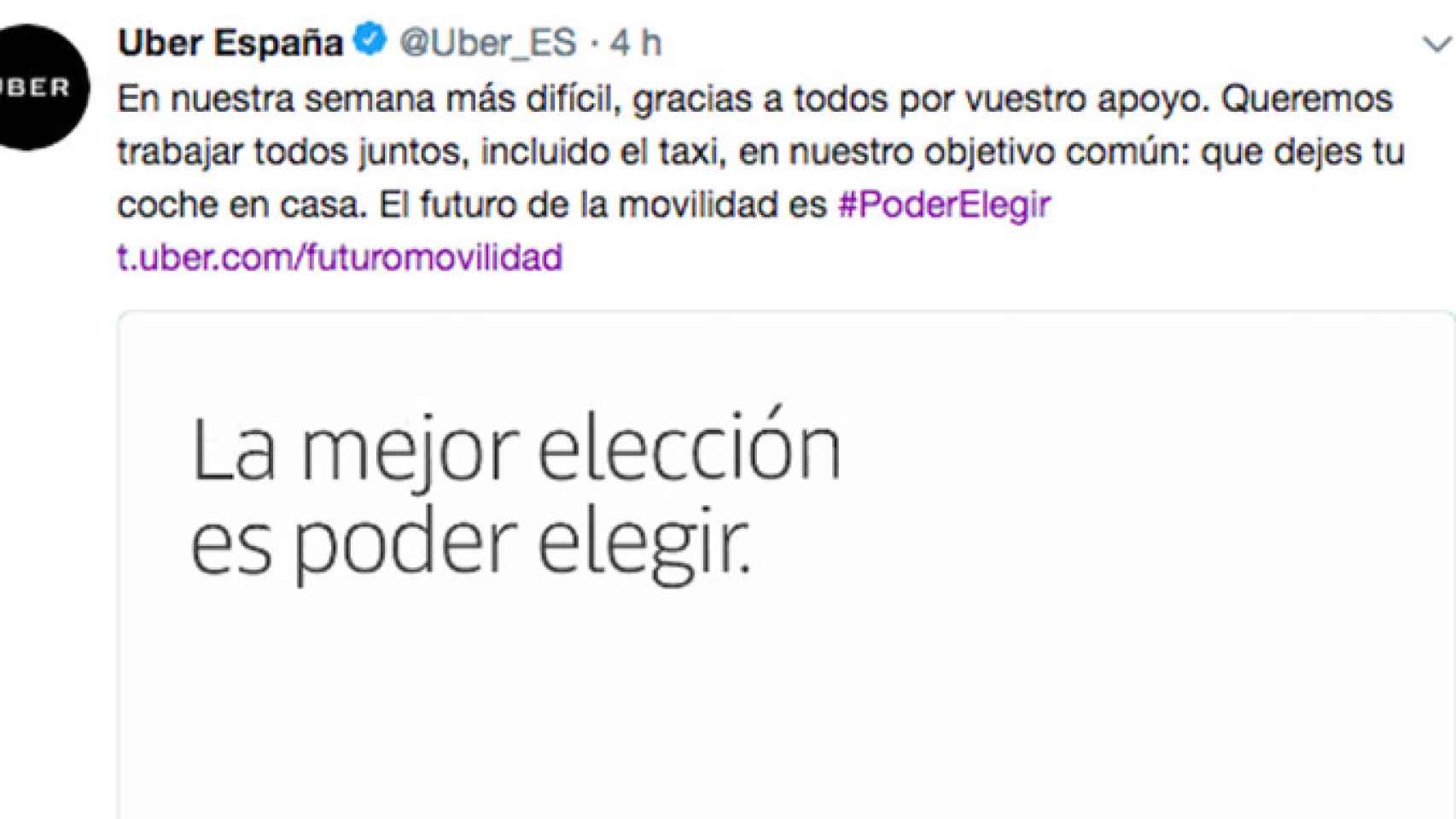 Imagen de un perfil social de Uber España de la campaña 'Poder elegir' / TWITTER