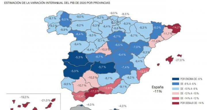 Mapa con la variación provincial del PIB en 2020 / BANCO DE ESPAÑA