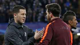 Hazard y Messi en el partido entre Chelsea y Barça en Champions League / EFE