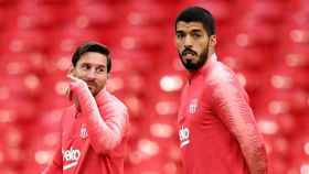 Messi y Suárez en el entrenamiento previo al partido frente al Tottenham / EFE