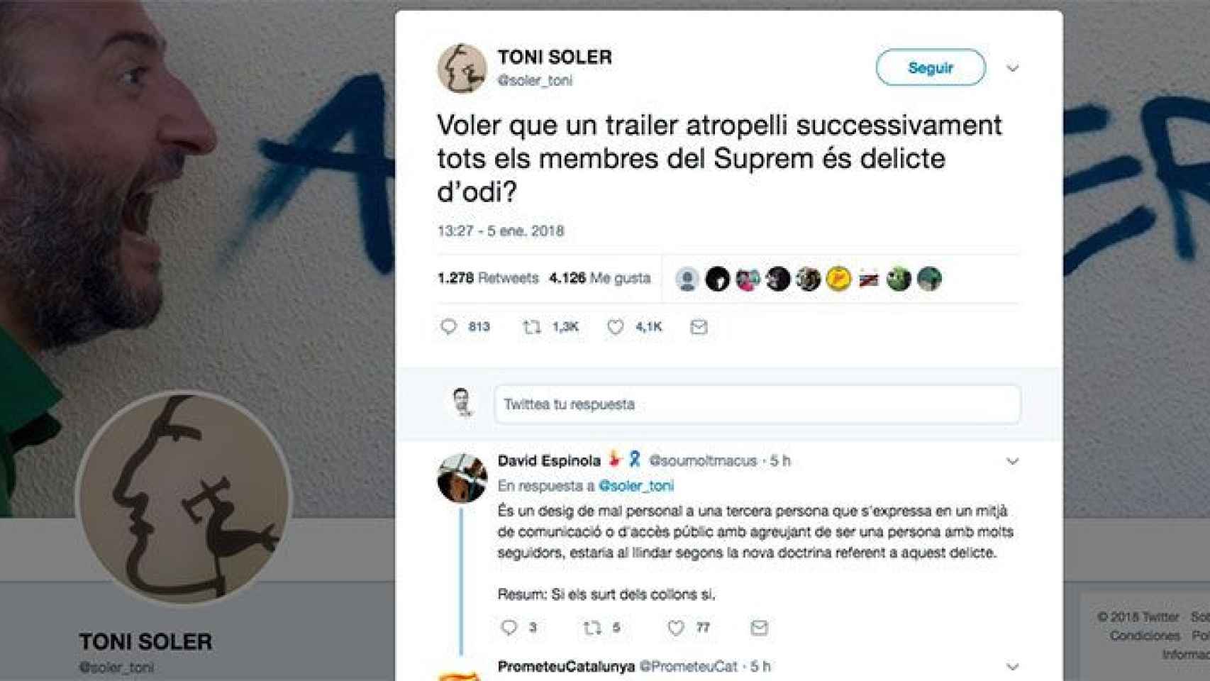 Toni Soler incendia las redes con un tuit sobre atropellar a los miembros del Supremo