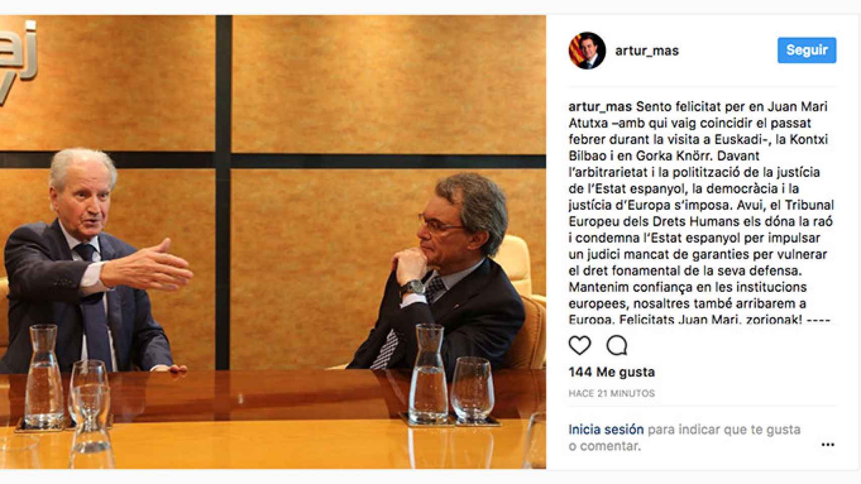 Artur Mas ha felicitado a Juan Mari Atutxa en Instagram tras conocer la sentencia del Tribunal de Estrasburgo / CG