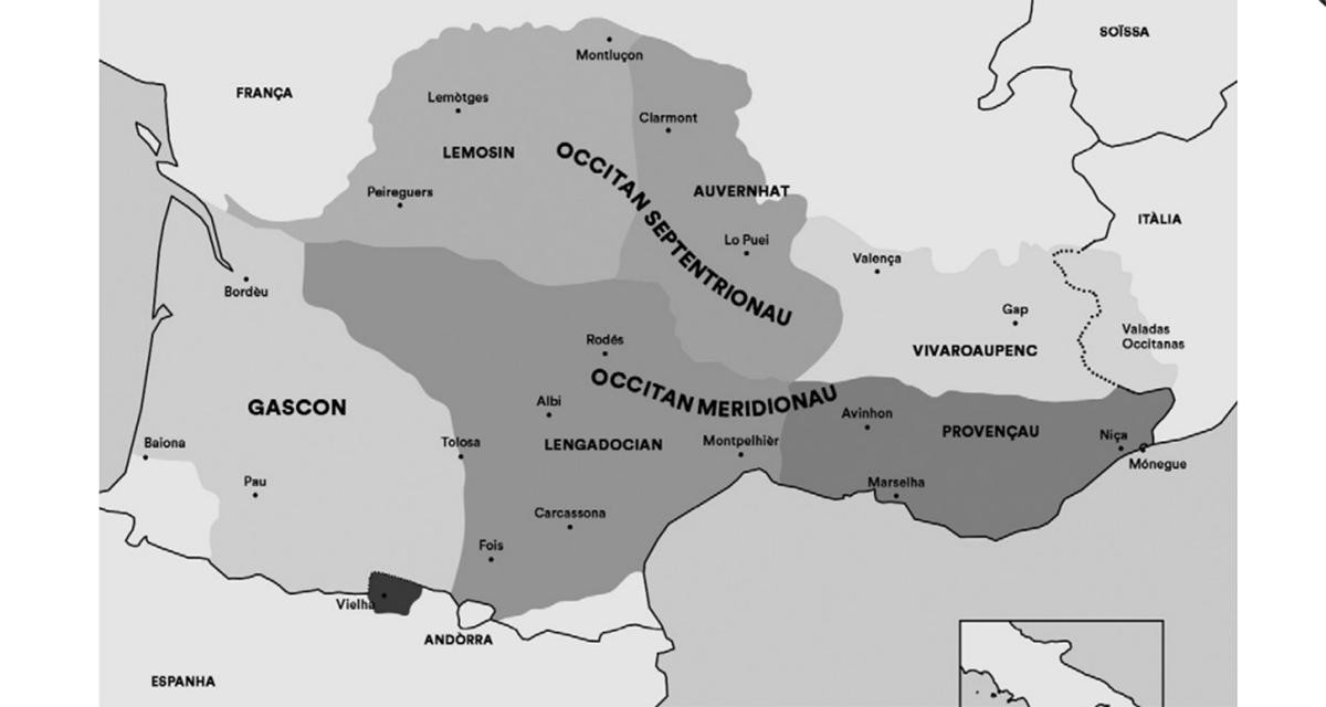 Mapa de la lengua occitana, en negro oscuro el Vall d'Aran con su variante gascona: el aranés / GENERALITAT