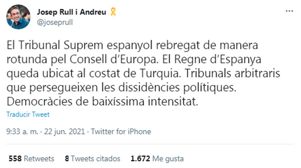 Josep Rull, comparando a España y Turquía en Twitter