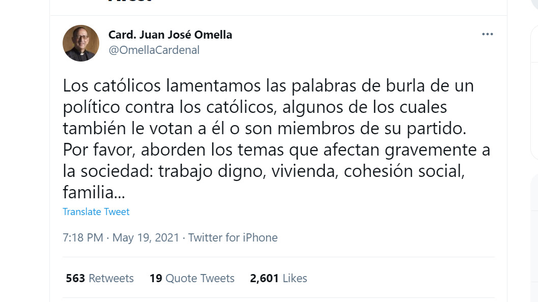 Mensaje del cardenal Juan José Omella en su cuenta personal de Twitter / @OmellaCardenal