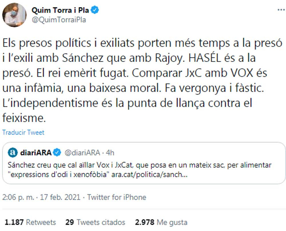 Torra, indignándose porque Pedro Sánchez pide aislar a Vox y JxCat por sus expresiones de odio / TWITTER