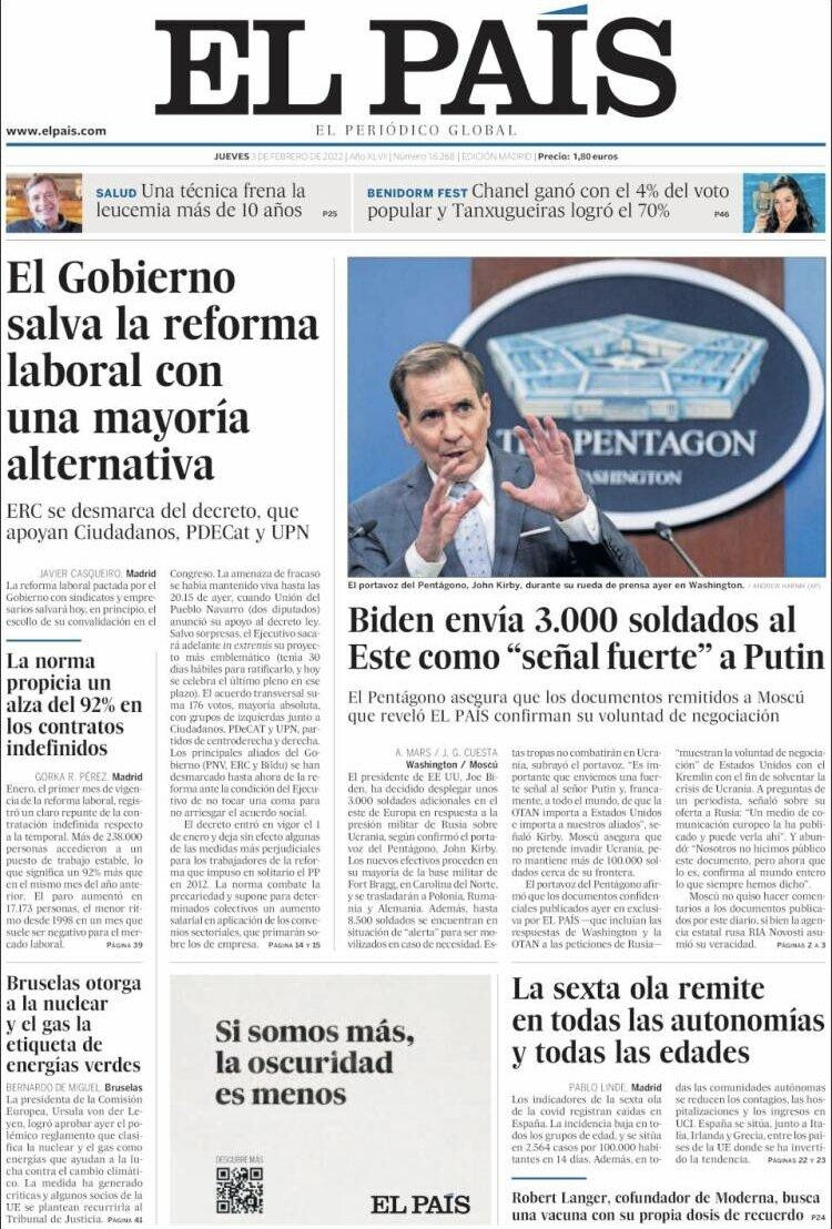 Portada de 'El País' del 3 de febrero de 2022 / CG
