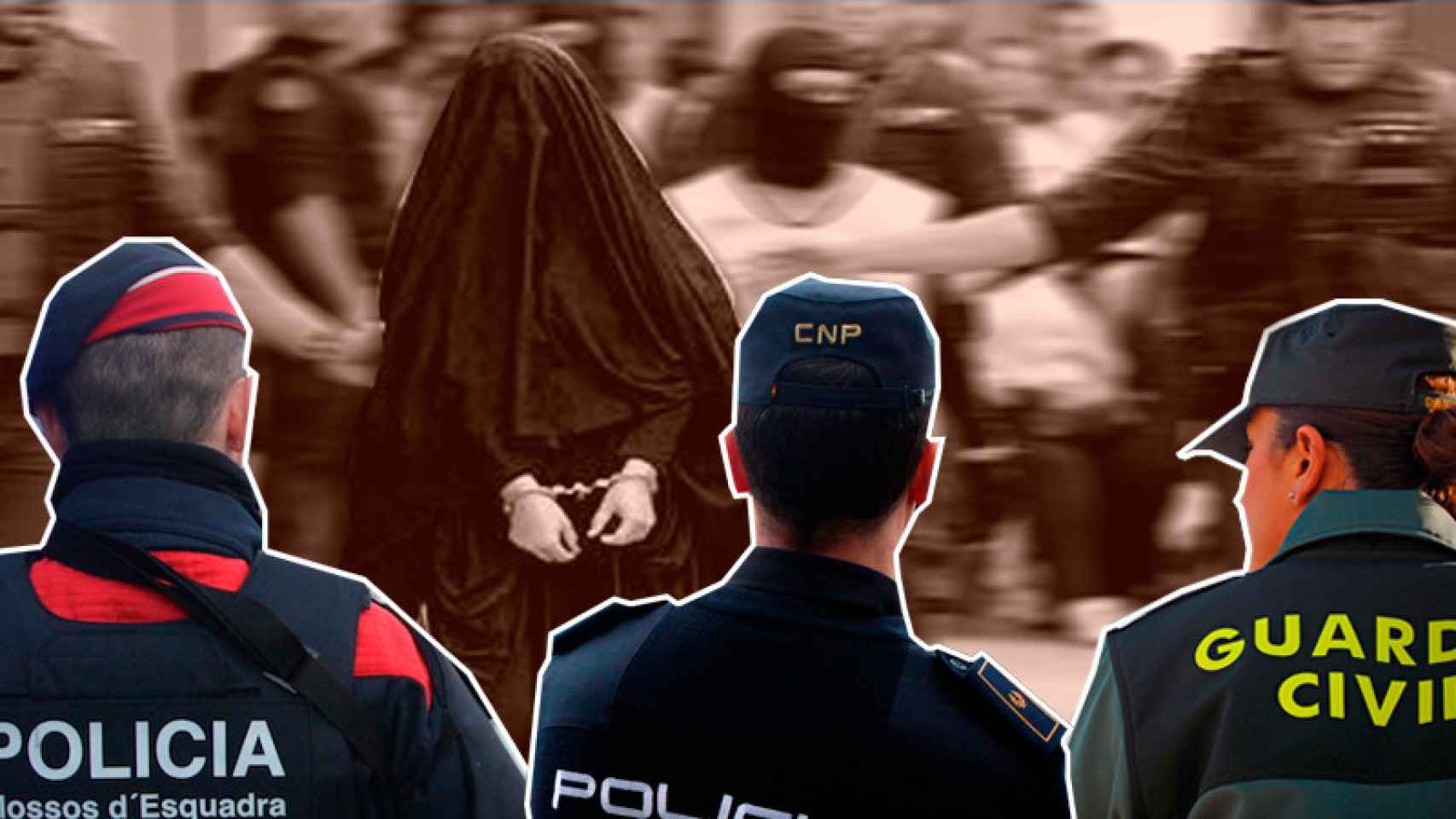 Un mosso, un policía y un guardia civil ante una detenida por yihadismo en España.