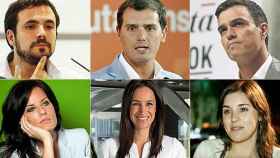 Alberto Garzón (IU), Albert Rivera (C's), Pedro Sánchez (PSOE), Cristina Seguí (ex Vox), Begoña Villacís (C's) e Irene Montero (Podemos).