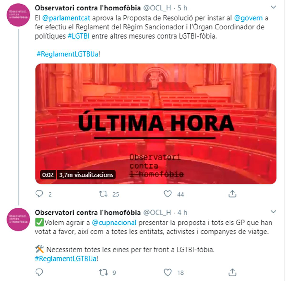 El mensaje en Twitter del Observatorio contra la homofobia