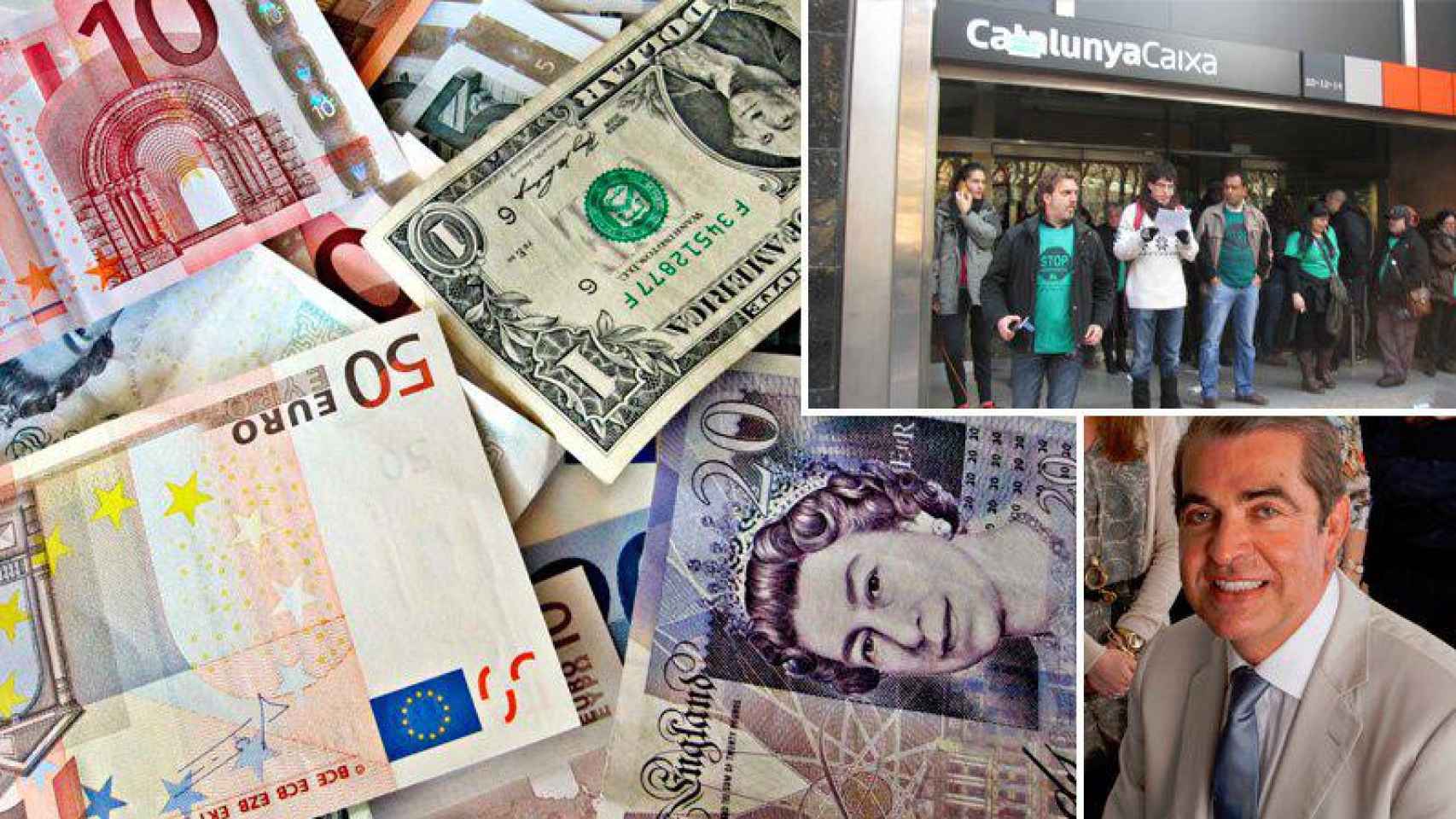 Imagen de diferentes divisas internacionales. Arriba, a la derecha, oficina de Catalunya Caixa bloqueada por afectados por las hipotecas. Debajo, Juan Antonio Navas.