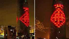 Dos imágenes de la iluminación conmemorativa de la Torre Agbar con motivo de las fiestas de la Mercè