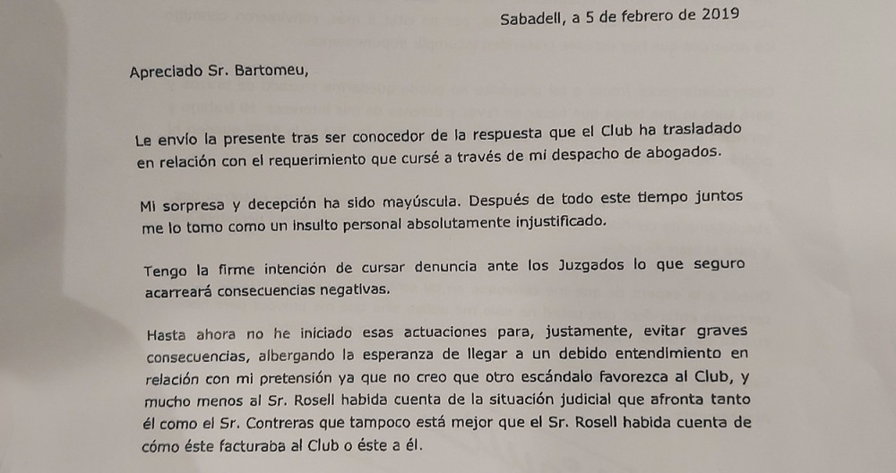 La carta amenazante de Negreira a Bartomeu en 2019 / CULEMANÍA