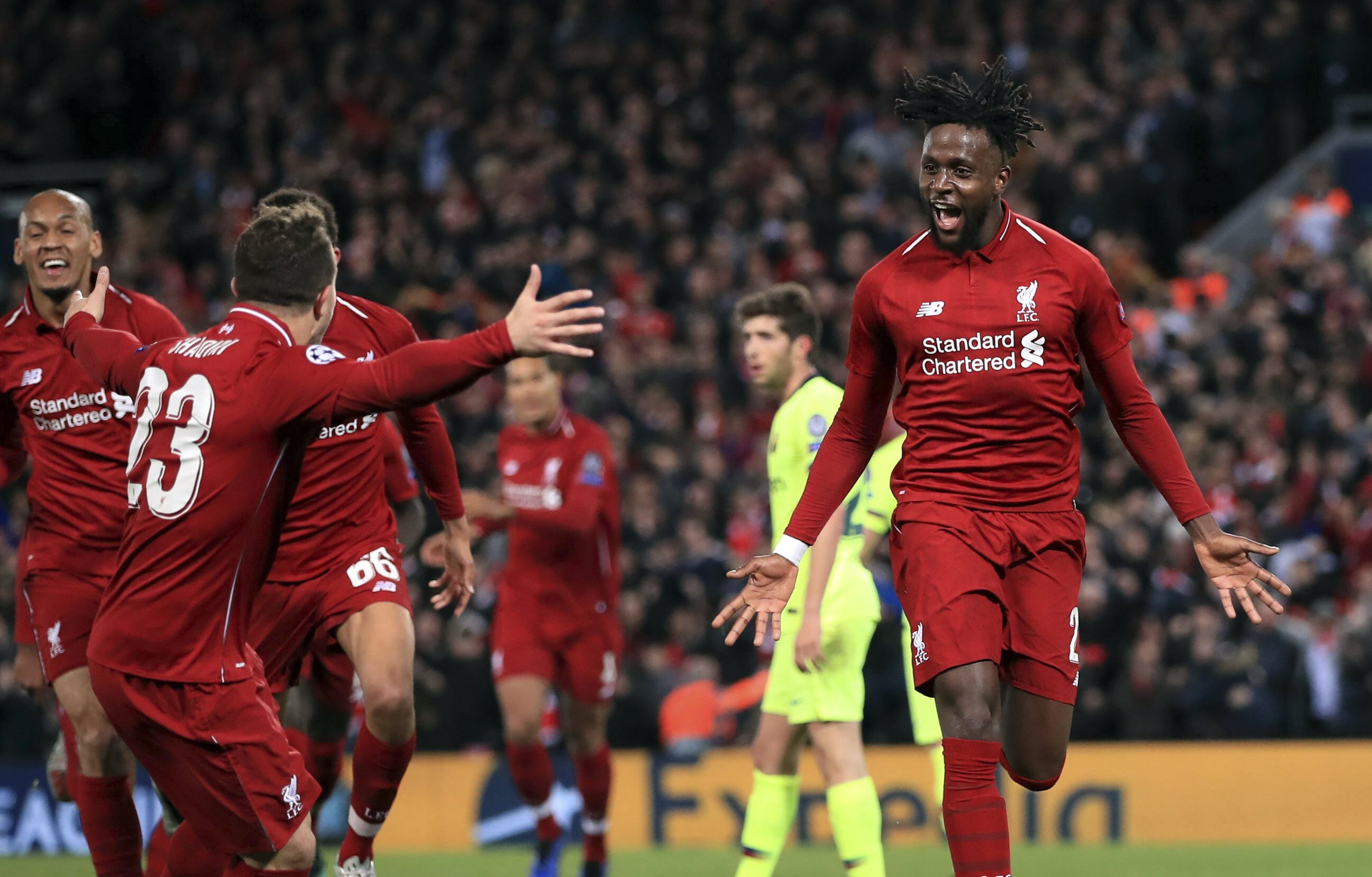 Origi y los jugadores del Liverpool celebran su cuarto gol al Barça en las semifinales de la Champions de 2019 / EFE