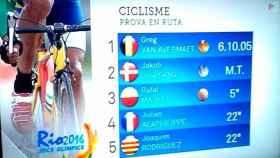 Imagen de TV3 sobre la clasificación de la prueba olímpica de ciclismo en ruta con la clasificación en la que al competidor español se le incorpora la bandera catalana