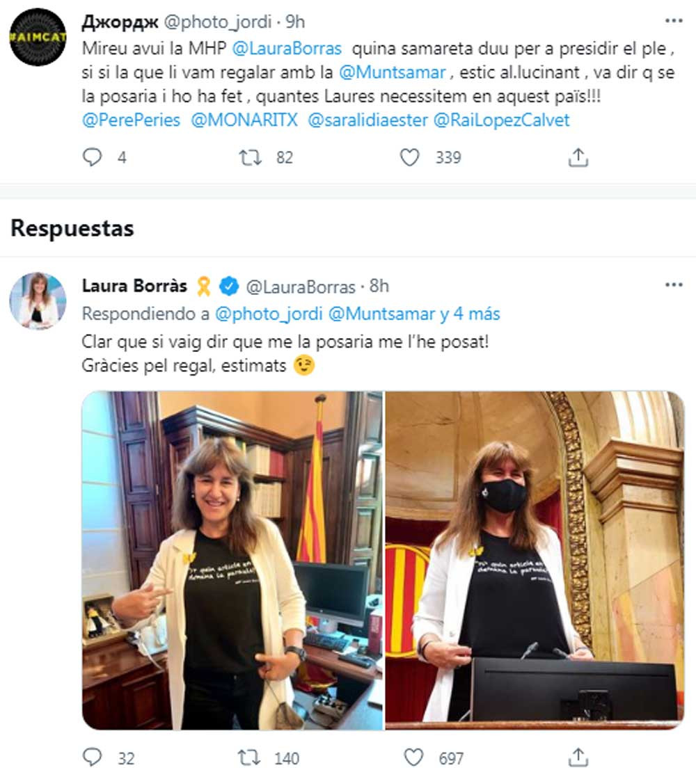 Laura Borràs, luciendo una camiseta con una frase suya en el Parlament / @LauraBorras (TWITTER)