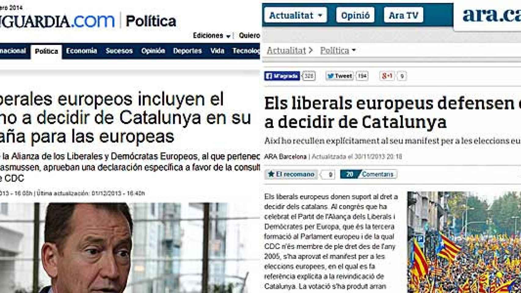 'La Vanguardia' y 'Ara' aseguraron que el manifiesto de la Alianza de los Liberales y Demócratas Europeos (ALDE) de cara a las elecciones europeas de mayo recogía explícitamente el derecho a decidir de Cataluña.