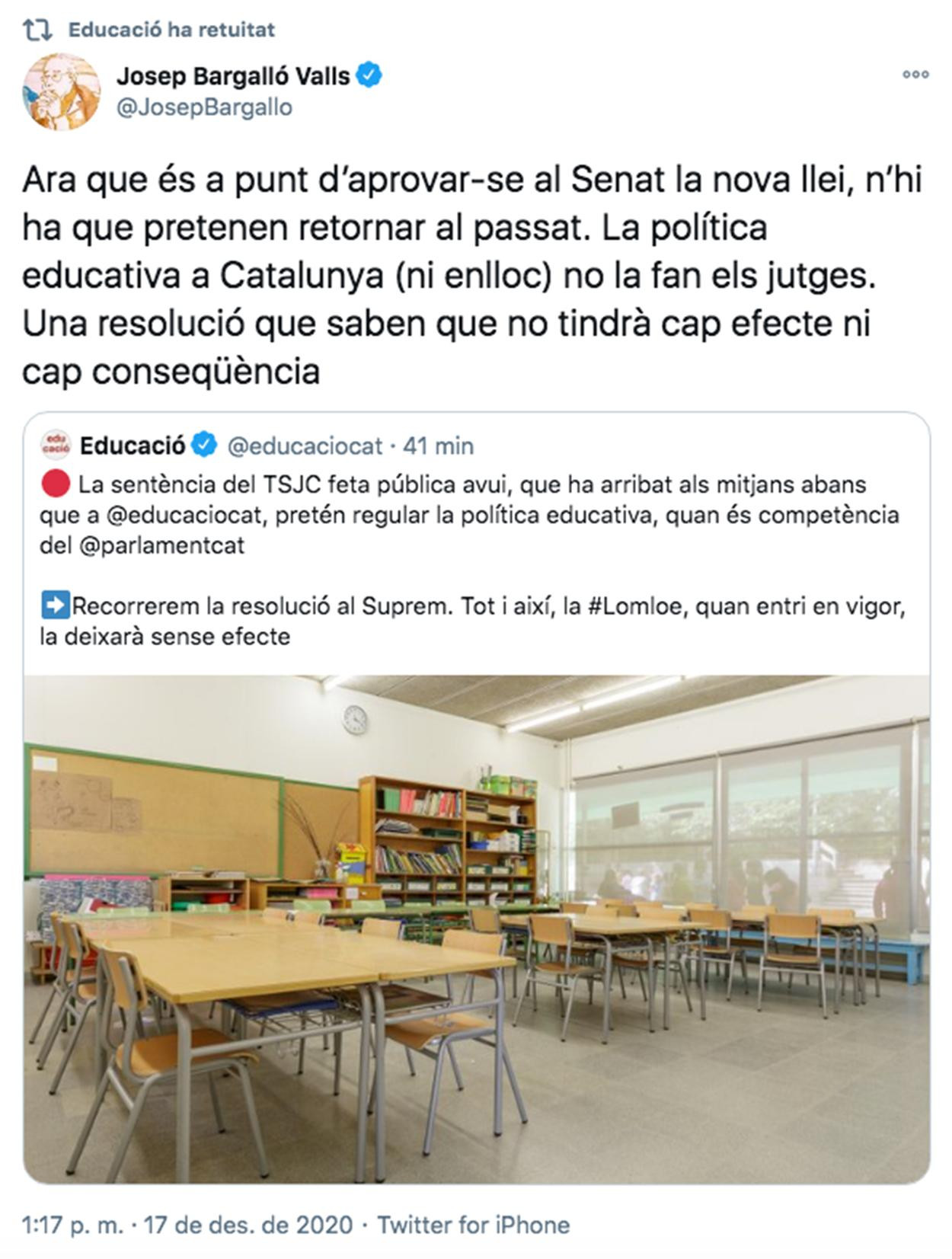 El mensaje del Departamento de Educación y del consejero, Josep Bargalló sobre impartir el 25% de las clases en castellano / TWITTER
