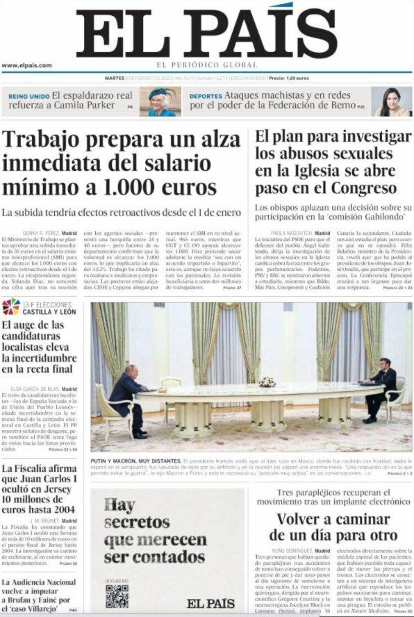 Portada de 'El País' del 8 de febrero de 2022 / CG