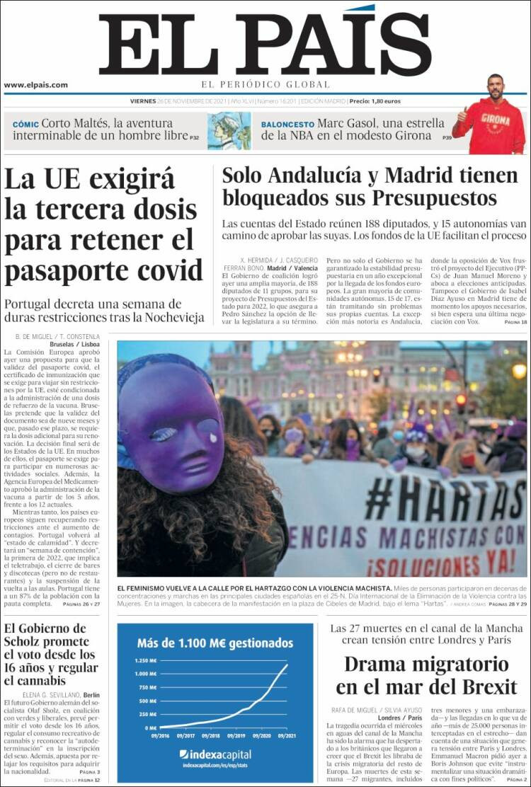 La portada de 'El País' del 26 de noviembre de 2021 / EL PAÍS