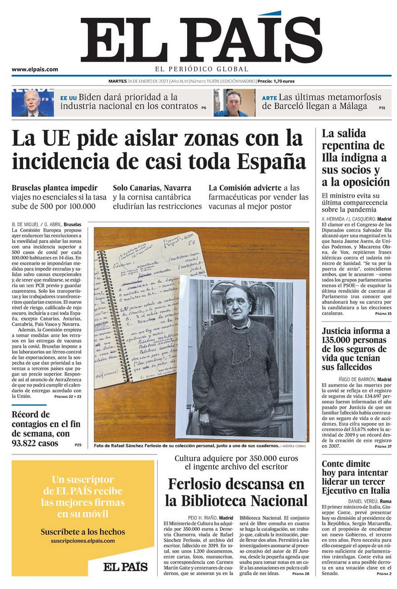 Portada de 'El País' del 26 de enero de 2021 / EL PAÍS