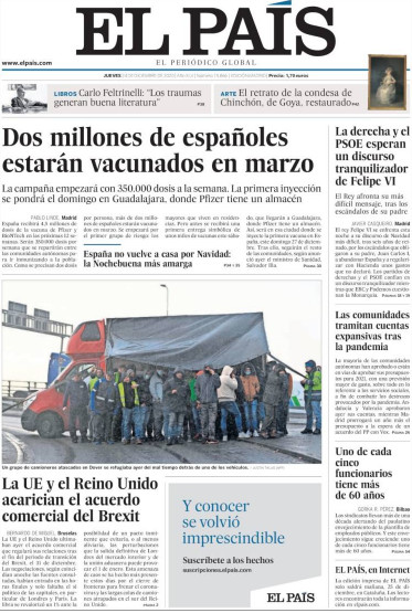 Portada de 'El País' del 24 de diciembre de 2020 / EL PAÍS