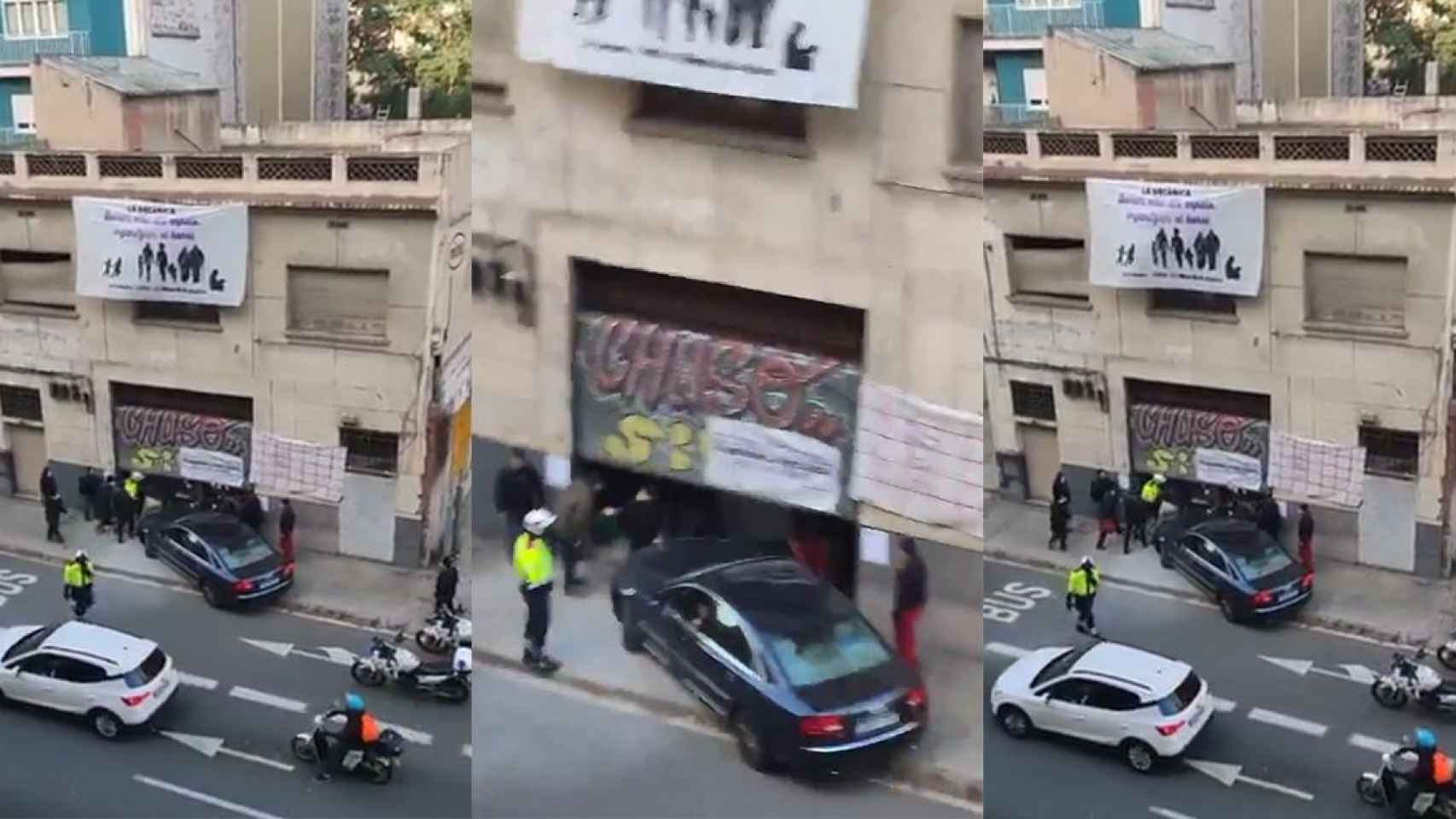 El coche, empotrado contra el local ocupado de la calle Aragó de Barcelona /