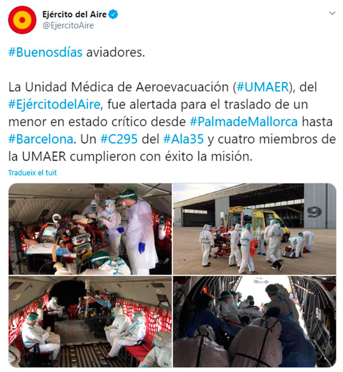 El Ejército del Aire traslada de Mallorca a Barcelona a una niña grave por Covid-19 / TWITTER