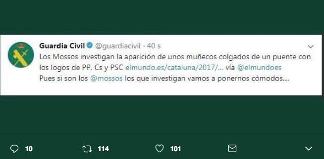 Mensaje de Twitter de la Guardia Civil, en su cuenta oficial