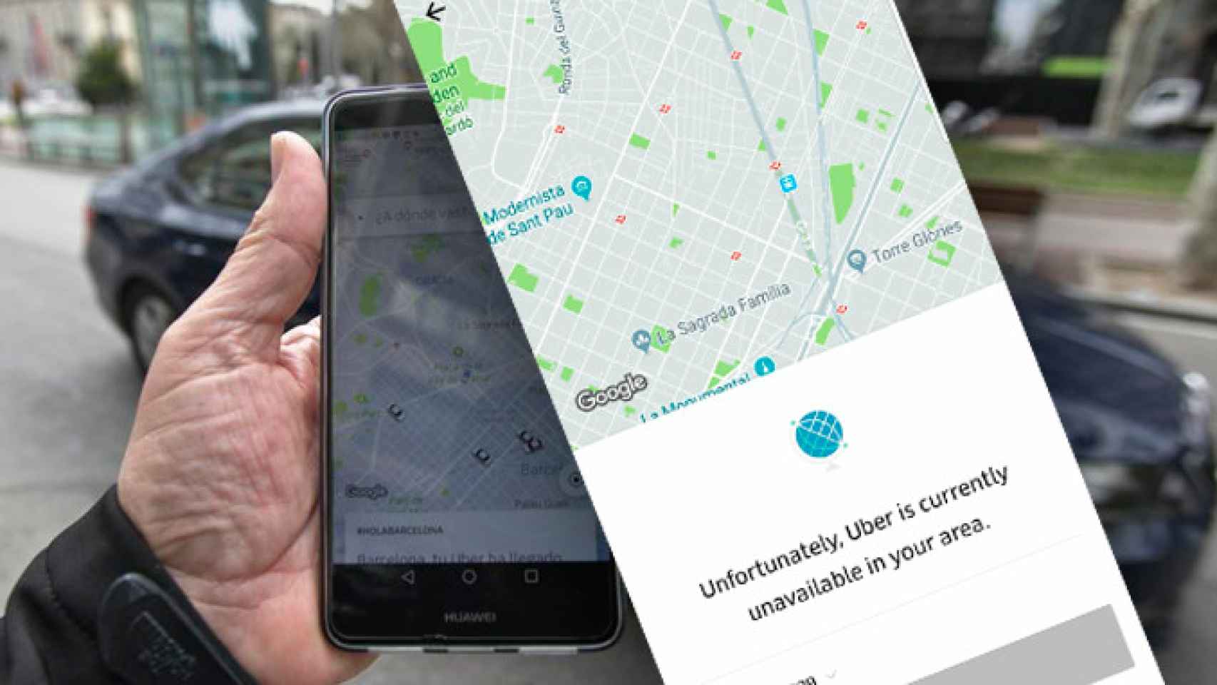 Imagen de la aplicación Uber, con un coche de la plataforma y un teléfono móvil / CG