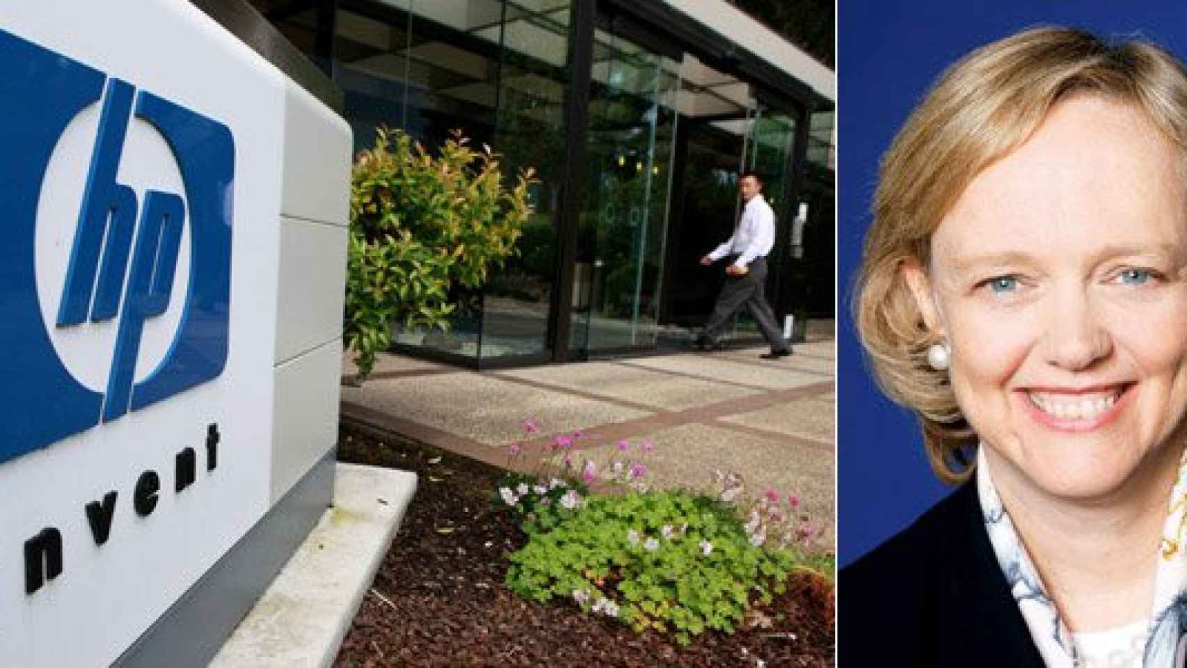 La máxima responsable de HP, Meg Whitman (derecha), y la entrada de las oficinas del grupo en Palo Alto (California)
