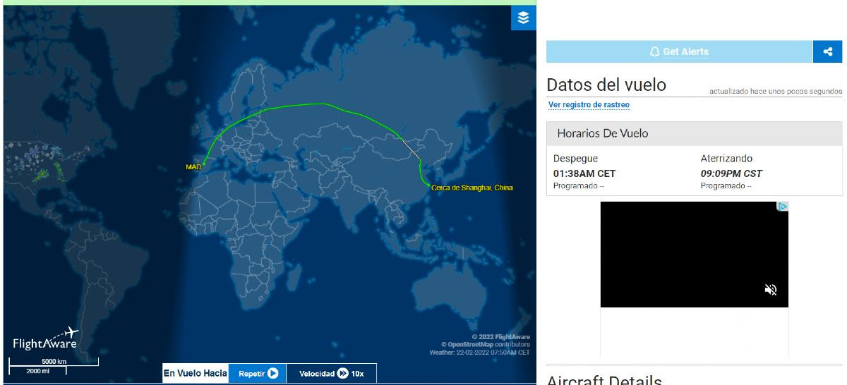 Mapa con el recorrido de vuelo previsto /FLIGHTAWARE