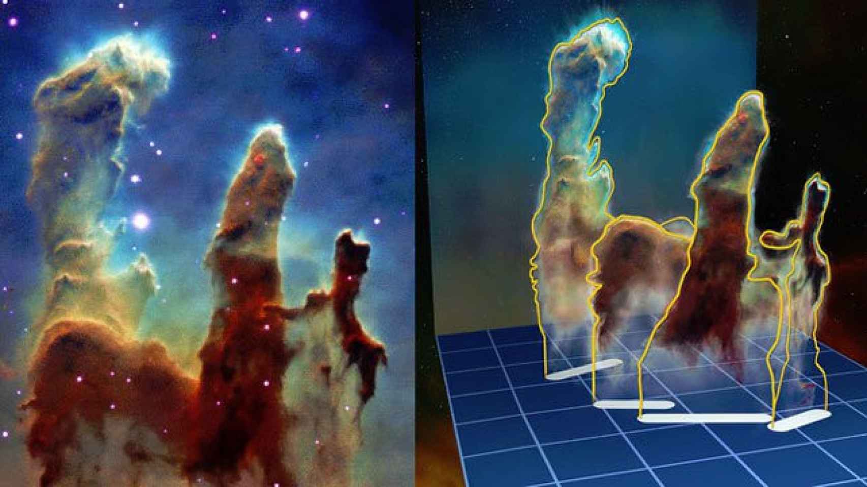 Composición a color de los Pilares de la Creación con datos de MUSE (una imagen parecida a la que tomó el Hubble) y visualización de los datos en 3D