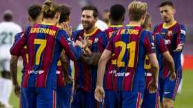 Leo Messi celebrando un gol del Gamper con Griezmann y De Jong / FC Barcelona